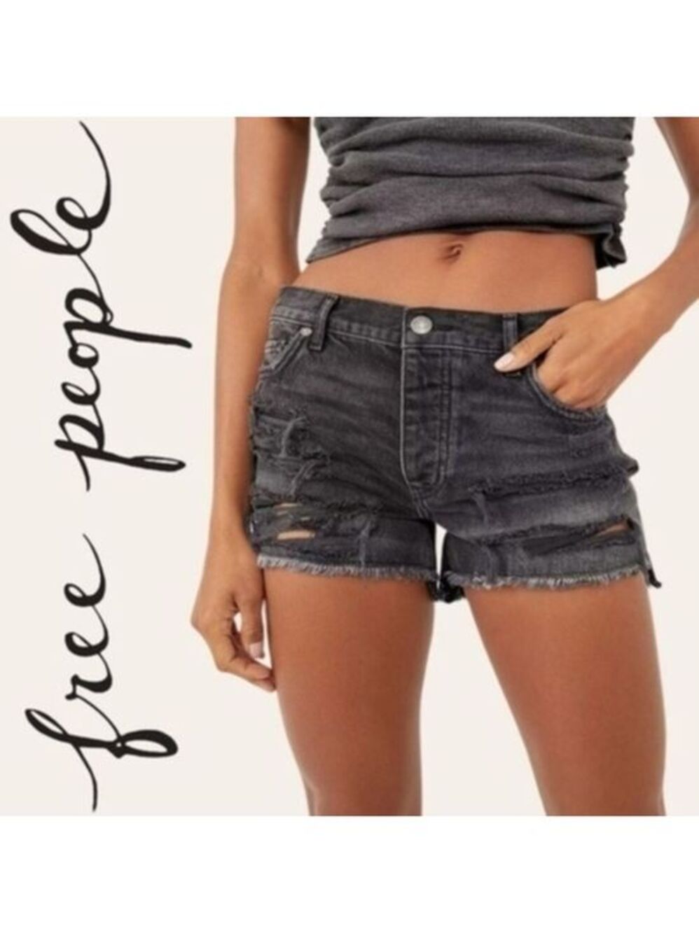FREE PEOPLE Maggie Mid Rise Cutoff Button Front 3” Shorts NWT/Sz.27/Washed Black